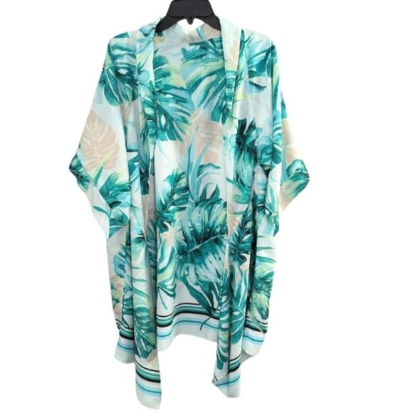 Chicos black label green white palm print open front kimono top coverup M/L - Picture 3 of 8